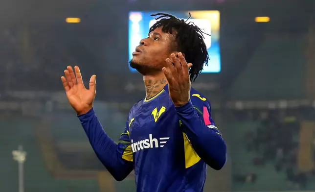 Verona's Gift Orban celebrates scoring during the Serie A soccer match between Hellas Verona and Udinese in Verona, Italy, Monday Jan. 26, 2026. (Paola Garbuio/LaPresse via AP)