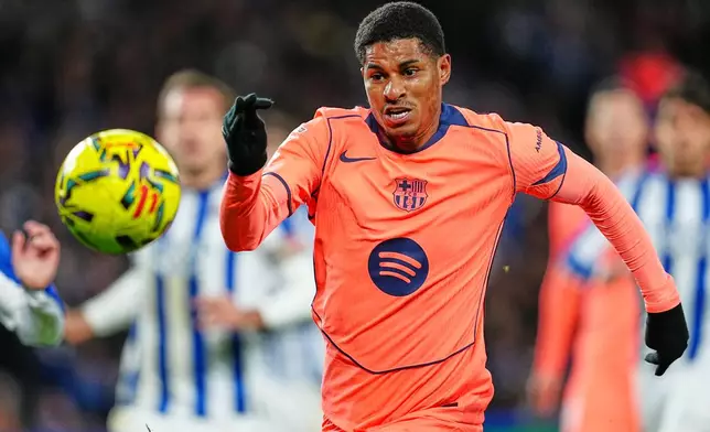 Barcelona's Marcus Rashford in action during the Spanish La Liga soccer match between Real Sociedad and Barcelona in San Sebastian, Spain, Sunday, Jan. 18, 2026. (AP Photo/Miguel Oses)