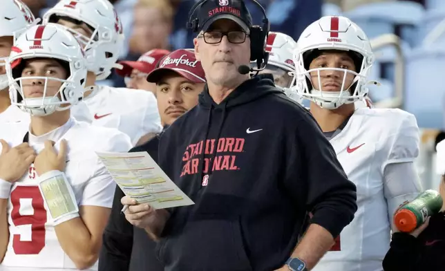FILE - Stanford head coach Frank Reich watches during the first half of an NCAA college football game against North Carolina, Nov. 8, 2025, in Chapel Hill, N.C. (AP Photo/Chris Seward, File)