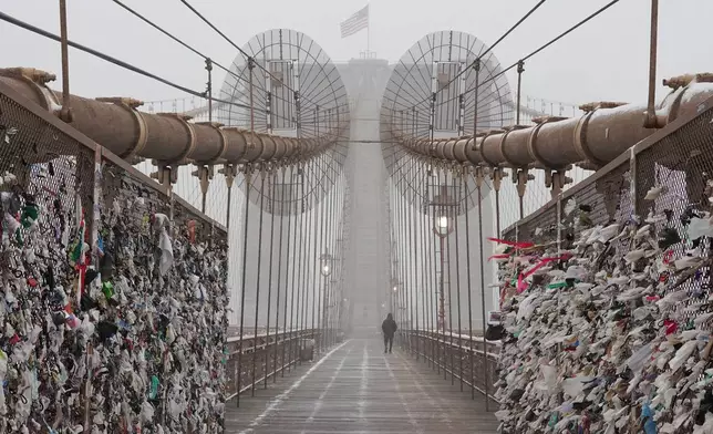 A person walks across the Brooklyn Bridge as it snows on Sunday, Jan. 25, 2026, in New York. (AP Photo/Alyssa Goodman)