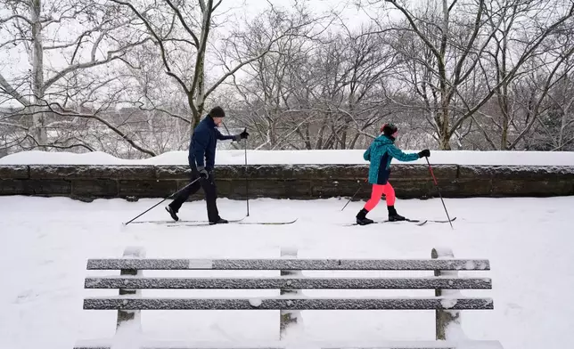 Melissa Welsh and Kevin Daly ski in Riverside Park in New York, Monday, Jan. 26, 2026. (AP Photo/Seth Wenig)