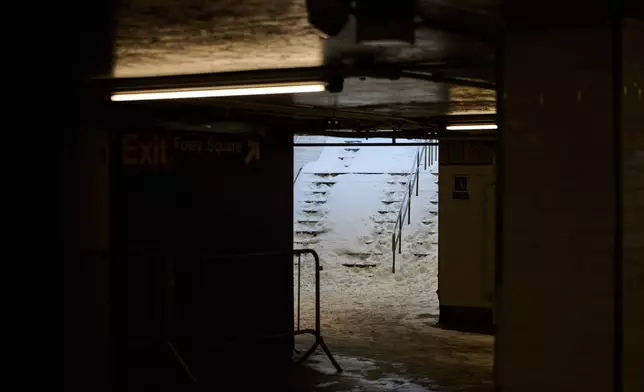 Snow covers stairs leading into the Chambers Street subway station during a winter storm, Sunday, Jan. 25, 2026, in New York. (AP Photo/Sydney Schaefer)