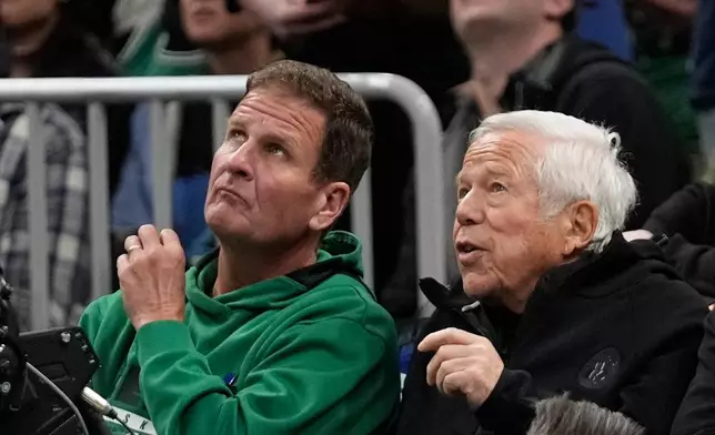 New England Patriots owner Robert Kraft, right, attends an NBA basketball game between the Boston Celtics and the Portland Trail Blazers, Monday, Jan. 26, 2026, in Boston. (AP Photo/Robert F. Bukaty)