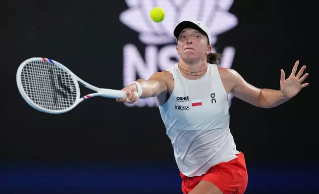 Iga Swiatek of Poland hits a forehand to Coco Gauff of the U.S. during their semifinal match at the United Cup tennis tournament in Sydney, Saturday, Jan. 10, 2026. (AP Photo/Rick Rycroft)