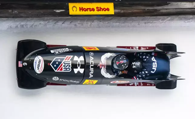 Elana Meyers Taylor/Jadin O'Brien of USA in action during the Women's 2-Bob World Cup, in St. Moritz, Switzerland, Sunday, Jan. 11, 2026. (Mayk Wendt/Keystone via AP)