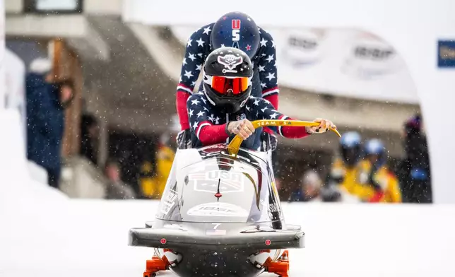 Kaillie Armbruster Humphries/Jasmine Jones of the USA in action, during the Women's 2-Bob World Cup, in St. Moritz, Switzerland, Sunday, Jan. 11, 2026. (Mayk Wendt/Keystone via AP)