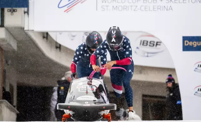 Kaysha Love/Emily Renna of the USA in action, during the Women's 2-Bob World Cup, in St. Moritz, Switzerland, Sunday, Jan. 11, 2026. (Mayk Wendt/Keystone via AP)