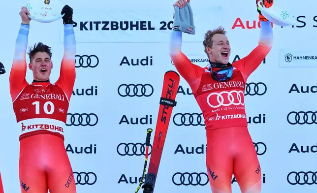Switzerland's Marco Odermatt, right, celebrates with fellow-countryman second placed Franjo von Allmen, after winning a men's World Cup super-G, in Kitzbuehel, Friday, Jan. 23, 2026. (AP Photo/Marco Trovati)