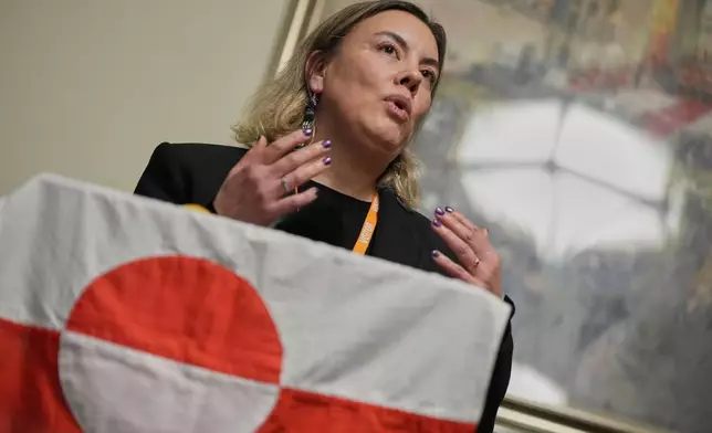Naaja Nathanielsen, Greenland's Minister for Business, speaks during a press conference in the Houses of Parliament in London, England, Tuesday, Jan. 13, 2026. (AP Photo/Alastair Grant)