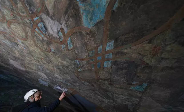 Flavia Pesaresi works on restoring the Sala delle Asse, part of the newly created Leonardo da Vinci itineraries inside Milan's Sforza Castle, Italy, Tuesday, Jan. 20, 2026. (AP Photo/Antonio Calanni)