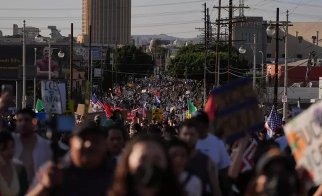People fill the streets during a protest in Los Angeles on Friday, Jan. 30, 2026. (AP Photo/Jae C. Hong)