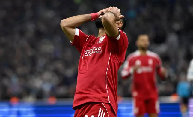 Liverpool's Mohamed Salah reacts during the Champions League opening phase soccer match between Marseille and Liverpool in Marseille, France, Wednesday, Jan. 21, 2026. (AP Photo/Philippe Magoni)
