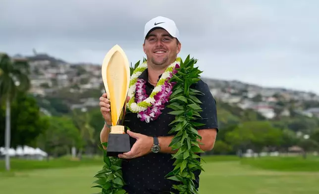 Chris Gotterup reacts after winning the Sony Open golf event at the Waialae Country Club in Honolulu, Sunday, Jan. 18, 2026. (AP Photo/Matt York)