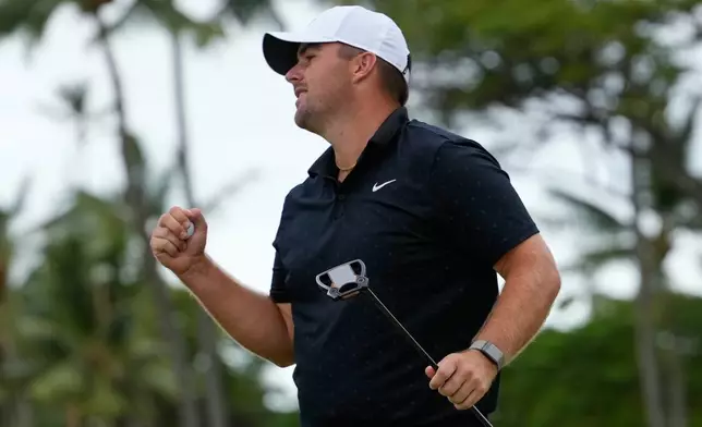 Chris Gotterup reacts after winning the Sony Open golf event at the Waialae Country Club in Honolulu, Sunday, Jan. 18, 2026. (AP Photo/Matt York)