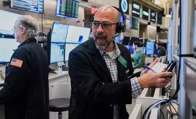 Options trader Steven Rodriguez works on the floor of the New York Stock Exchange, Friday, Jan. 2, 2026. (AP Photo/Richard Drew)