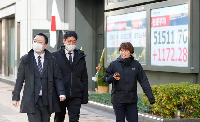 People walk in front of an electronic stock board showing Japan's Nikkei index at a securities firm marking the start of this year's trading Monday, Jan. 5, 2026, in Tokyo. (AP Photo/Eugene Hoshiko)