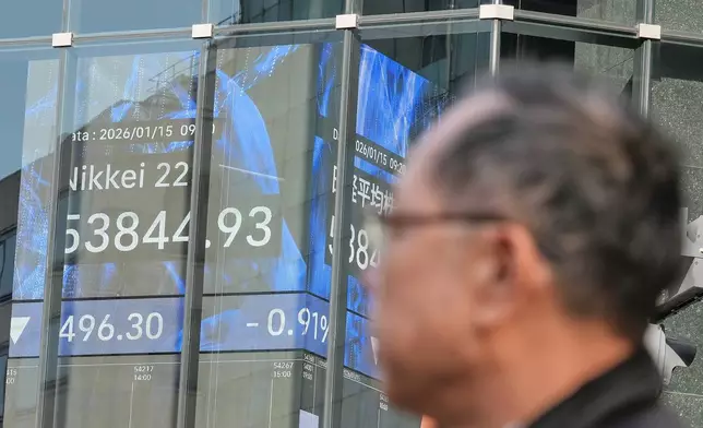 A person walks in front of an electronic stock board showing Japan's Nikkei index at a securities firm Thursday, Jan. 15, 2026, in Tokyo. (AP Photo/Eugene Hoshiko)