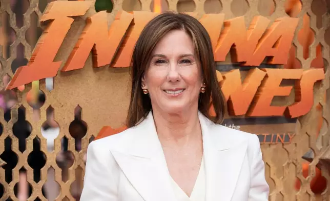 FILE - Producer Kathleen Kennedy poses upon arrival at the premiere of the film 'Indiana Jones and the Dial of Destiny' June 26, 2023, in London. (Scott Garfitt/Invision/AP, File)