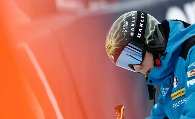 Italy's Giovanni Franzoni concentrates ahead of a men's alpine ski World Cup downhill, in Kitzbuehel, Austria, Saturday, Jan. 24, 2026. (AP Photo/Gabriele Facciotti)