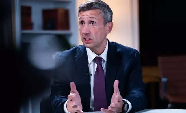 Democratic National Committee chair Ken Martin speaks during an interview with The Associated Press at DNC headquarters, Monday, Jan. 12, 2026, in Washington. (AP Photo/Allison Robbert)