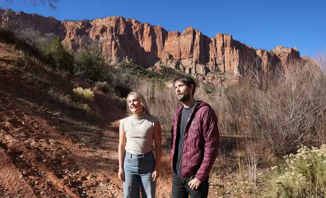 Gabby Olsen and Dion Obermeyer, owners of Rock Odysseys, speak during an interview Friday, Dec. 5, 2025, in Hildale, Utah. (AP Photo/Rick Bowmer)