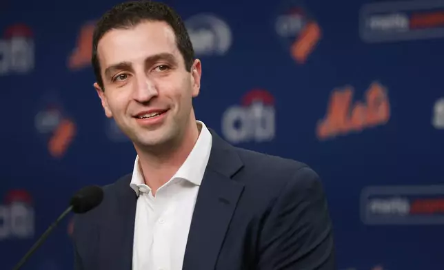 David Stearns, President of Baseball Operations for the New York Mets, speaks during an introductory press conference for Bo Bichette, Wednesday, Jan. 21, 2026, in New York. (AP Photo/Heather Khalifa)