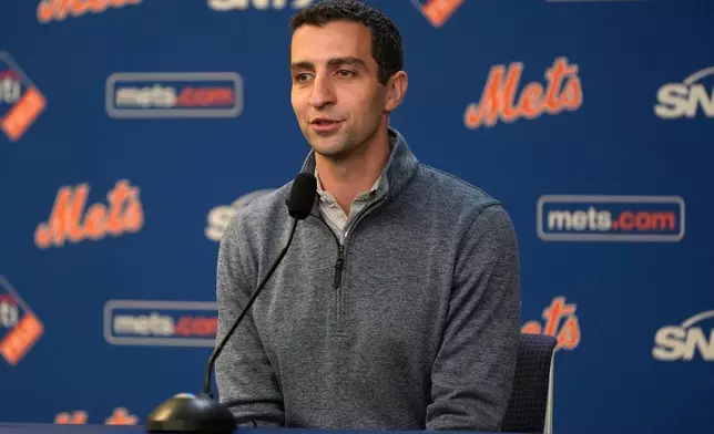 FILE - New York Mets President of Baseball Operations David Stearns responds to questions during a news conference about MLB trade deadline deals, Tuesday, July 30, 2024, in New York. (AP Photo/Pamela Smith, File)