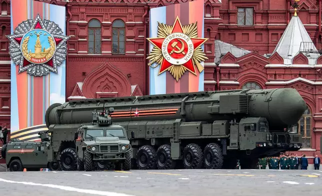FILE - A Russian military Topol M intercontinental ballistic missile launcher rolls during the Victory Day military parade to celebrate 74 years since the victory in WWII in Red Square in Moscow, Russia, May 9, 2019. (AP Photo/Alexander Zemlianichenko, File)
