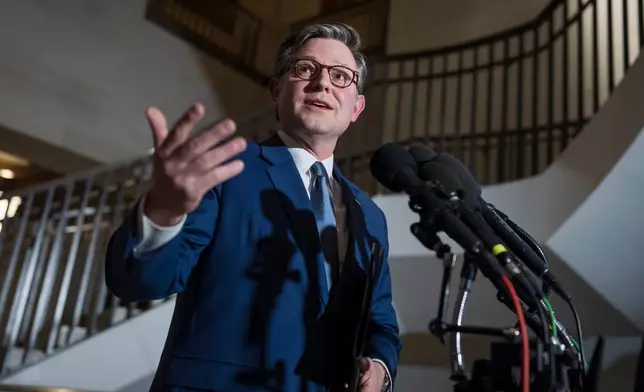 Speaker of the House Mike Johnson, R-La., answers questions from reporters following a closed-door briefing from Secretary of State Marco Rubio, Defense Secretary Pete Hegseth, and others about the U.S. military operation in Venezuela ordered by President Donald Trump, at the Capitol in Washington, Monday, Jan. 5, 2026. (AP Photo/J. Scott Applewhite)