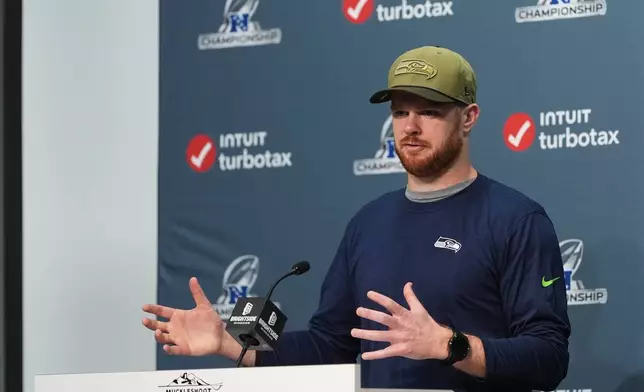 Seattle Seahawks quarterback Sam Darnold speaks during a press conference at the team's facilities ahead of the NFL football NFC Championship game against the Los Angeles Rams, Wednesday, Jan. 21, 2026, in Renton, Wash. (AP Photo/Lindsey Wasson)