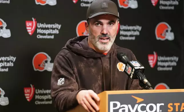 Cleveland Browns head coach Kevin Stefanski speaks at a news conference after an NFL football game against the Cincinnati Bengals, Sunday, Jan. 4, 2026, in Cincinnati. (AP Photo/Joshua A. Bickel)