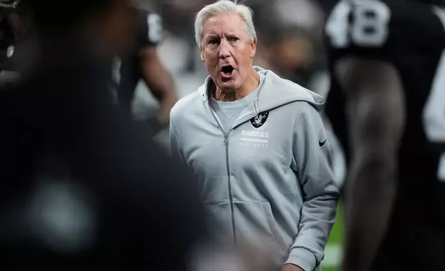 Las Vegas Raiders head coach Pete Carroll watches his team warm up before an NFL football game against the Kansas City Chiefs Sunday, Jan. 4, 2026, in Las Vegas. (AP Photo/John Locher)
