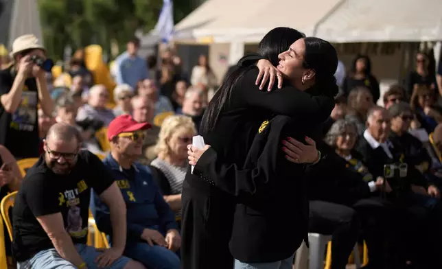 Shira Gvili, right, embraces her mother Talik during a rally calling for the return of her brother Ran Gvili, who was killed while fighting Hamas militants during the Oct. 7, 2023 attack and whose body has been held in Gaza ever since, in Tel Aviv, Israel, Friday, Jan. 23, 2026. (AP Photo/Leo Correa)