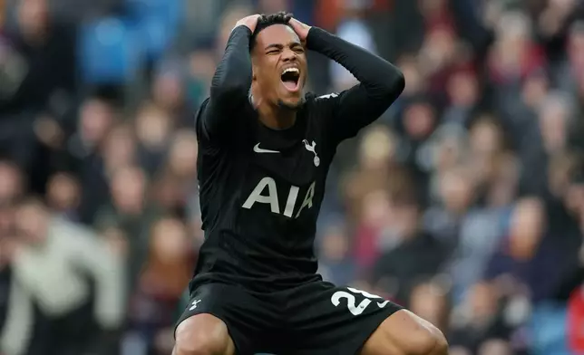 Tottenham Hotspur's Wilson Odobert reacts to a missed chance, during the English Premier League soccer match between Burnley and Tottenham Hotspur, at Turf Moor, in Burnley, England, Saturday, Jan. 24, 2026. (Richard Sellers/PA via AP)