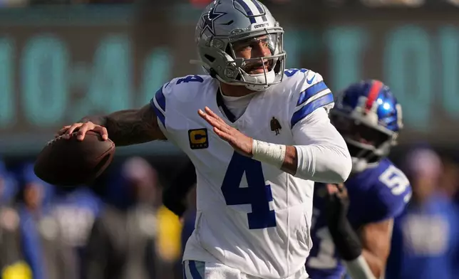 Dallas Cowboys quarterback Dak Prescott (4) passes against the New York Giants during the first quarter of an NFL football game, Sunday, Jan. 4, 2026, in East Rutherford, N.J. (AP Photo/Frank Franklin II)