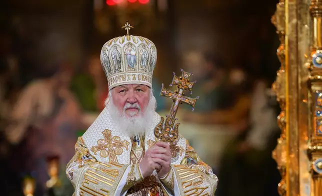 In this photo released by Russian Orthodox Church Press Service, Russian Orthodox Patriarch Kirill delivers the Orthodox Christmas service in the Christ the Saviour Cathedral in Moscow, on Wednesday, Jan. 7, 2026. (Igor Palkin/Russian Orthodox Church Press Service via AP)