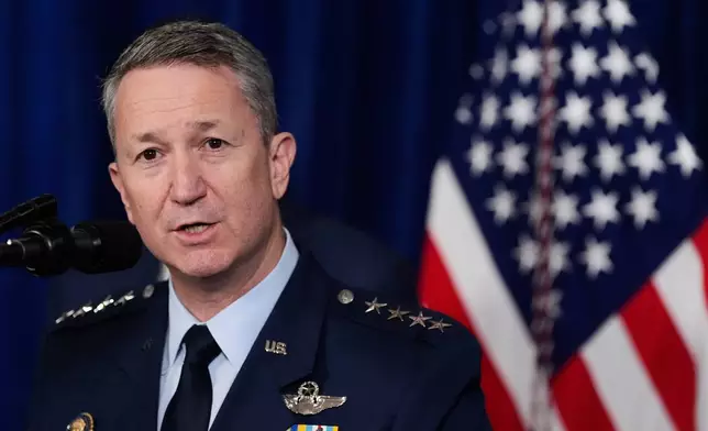 Chairman of the Joint Chiefs of Staff Gen. Dan Caine speaks during a news conference with President Donald Trump at Mar-a-Lago, Saturday, Jan. 3, 2026, in Palm Beach, Fla. (AP Photo/Alex Brandon)