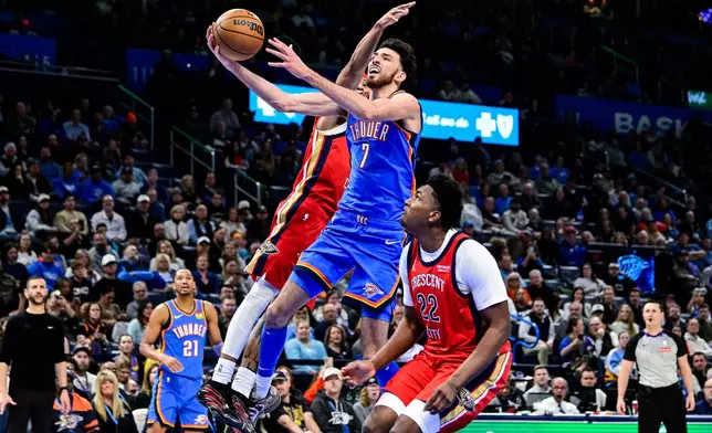 Oklahoma City Thunder center/forward Chet Holmgren (7) shoots against the New Orleans Pelicans during the second half of an NBA basketball game Tuesday, Jan. 27, 2026, in Oklahoma City. (AP Photo/Gerald Leong)