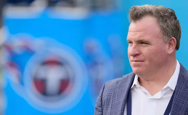 FILE - Tennessee Titans general manager Mike Borgonzi before the start of a football game in Nashville, Tenn, Dec. 28, 2025. (AP Photo/George Walker IV, File)