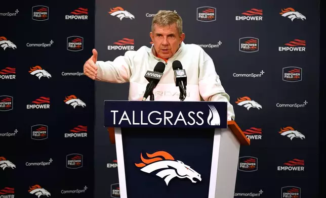Denver Broncos head coach Sean Payton responds to a question during a news conference after an NFL football game, Sunday, Jan. 4, 2026, in Denver. (AP Photo/Eric Lutzens)