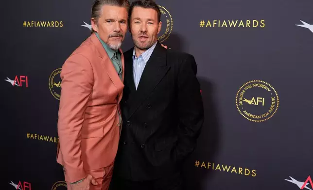 Actors Ethan Hawke, left, and Joel Edgerton pose together at the AFI Awards on Friday, Jan. 9, 2026, at the Four Seasons in Los Angeles. (AP Photo/Chris Pizzello)