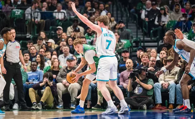 Charlotte Hornets guard Kon Knueppel (7) defends against Dallas Mavericks forward Cooper Flagg, center left, during an NBA basketball game, Thursday, Jan. 29, 2026, in Dallas. (AP Photo/Jessica Tobias)