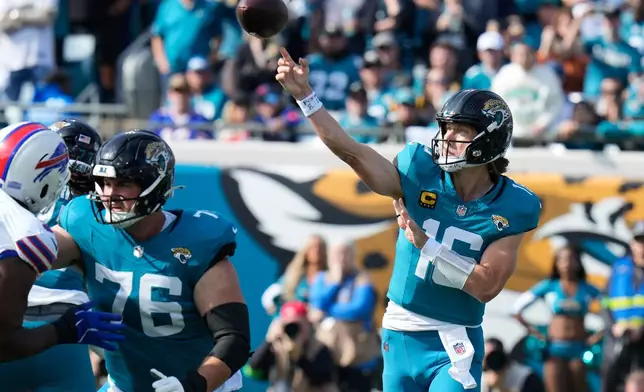 Jacksonville Jaguars quarterback Trevor Lawrence throws a pass against the Buffalo Bills during the first half of an NFL wild-card playoff football game Sunday, Jan. 11, 2026, in Jacksonville, Fla. (AP Photo/Chris O'Meara)