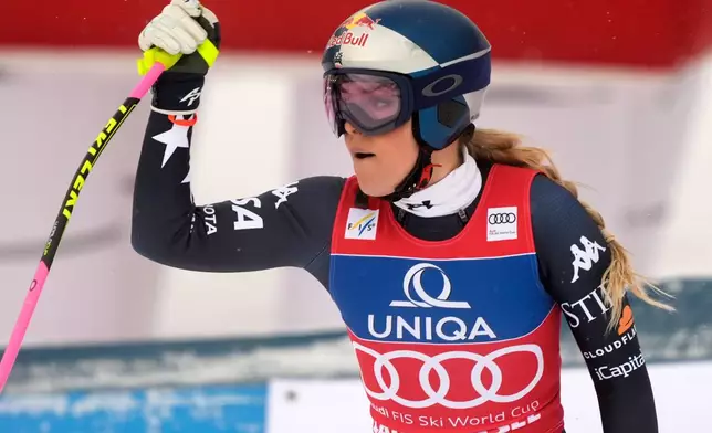 United States' Lindsey Vonn reacts at the finish line during an alpine ski, women's World Cup downhill, in Zauchensee, Austria, Saturday, Jan. 10, 2026. (AP Photo/Giovanni Auletta)