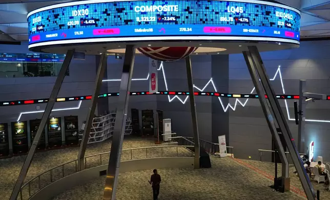 A man walks past an electronic board displaying stock prices and Jakarta Stock Exchange Composite Index, at the Indonesia Stock Exchange in Jakarta, Indonesia, Wednesday, Jan. 28, 2026. (AP Photo/Tatan Syuflana)
