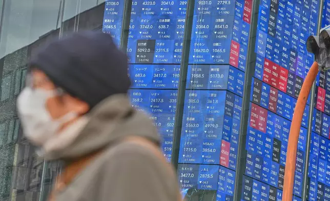 A person stands in front of an electronic stock board showing Japan's Nikkei index at a securities firm Wednesday, Jan. 28, 2026, in Tokyo. (AP Photo/Eugene Hoshiko)