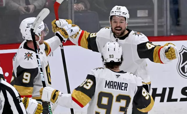 Vegas Golden Knights' Tomas Hertl (48) celebrates his game-winning goal against the Winnipeg Jets with Mitch Marner (93) and Jack Eichel (9) in overtime of their NHL hockey game in Winnipeg, Tuesday Jan. 6, 2026. (Fred Greenslade/The Canadian Press via AP)