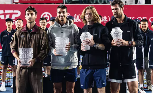 Lorenzo Musetti &amp; Lorenzo Sonego and Andrey Rublev &amp; Karen Khachanov pose for photos