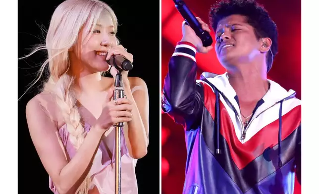 Rose performs during the Global Citizen Festival in New York on Sept. 27, 2025, left, and Bruno Mars performs at the 59th annual Grammy Awards in Los Angeles on Feb. 12, 2017. (AP Photo)