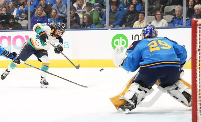 New York Sirens' Kristin O'Neill shoots at Toronto Sceptres goaltender Elaine Chuli during first period PWHL hockey action, in Toronto, on Tuesday Jan. 6, 2026. (Chris Young/The Canadian Press via AP)